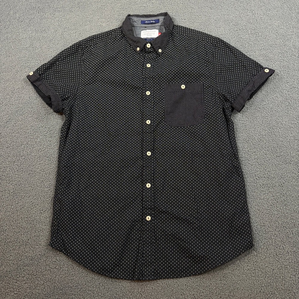 Denim & Flower Shirt Mens Medium Black Polka Dot Slim Fit Short Sleeve Button Up